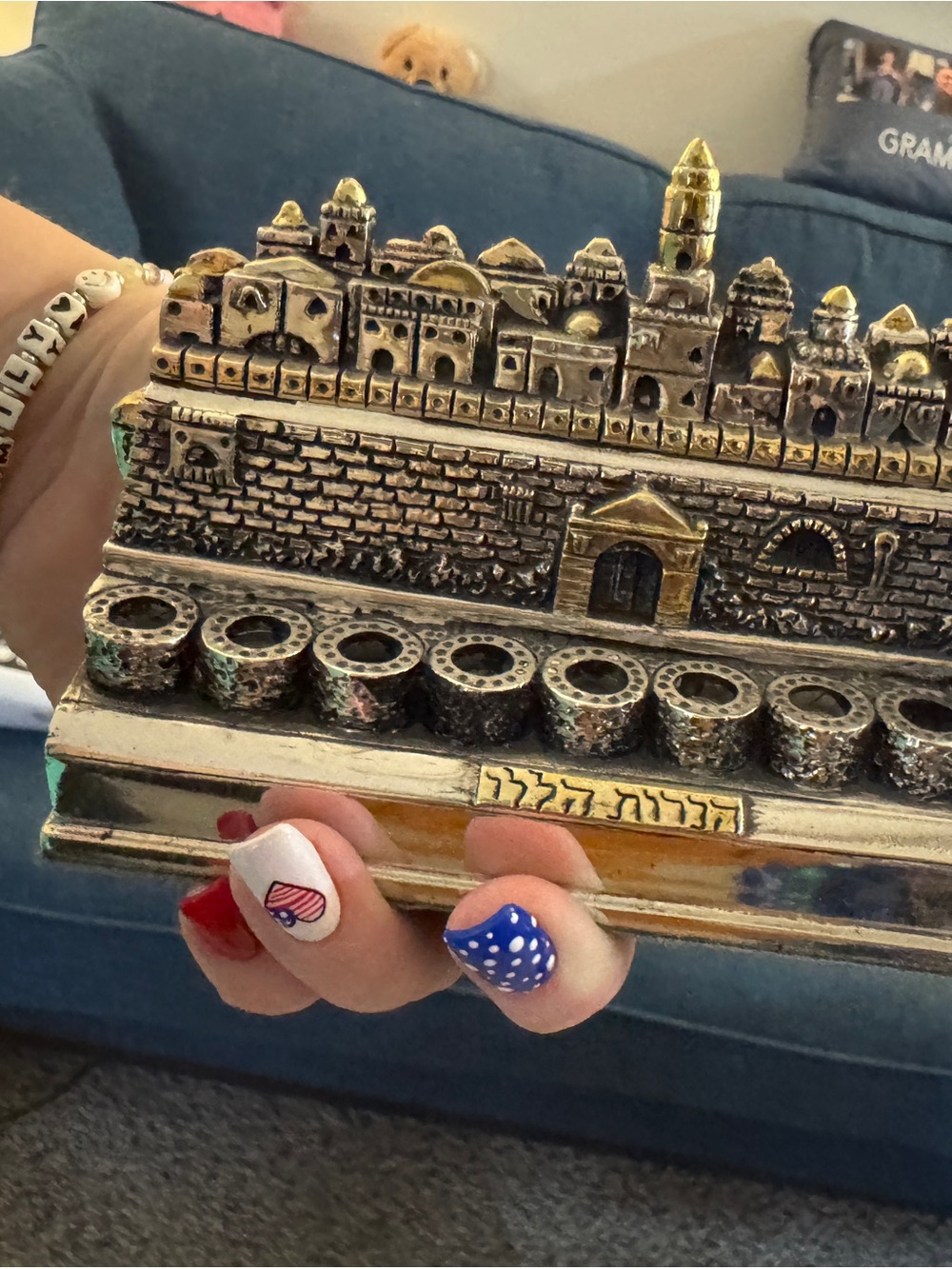 Antique-Style Bronze Jerusalem Menorah Decorative Hanukkah Piece